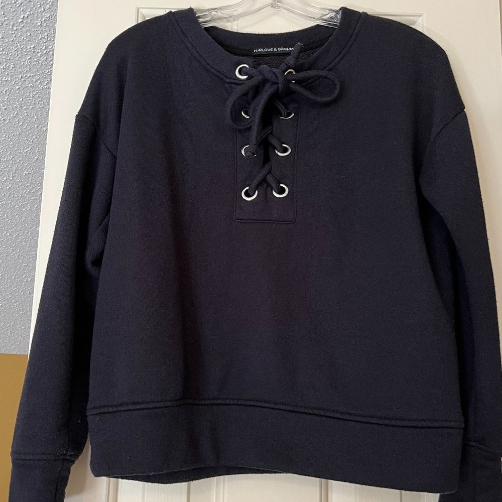 Dress up sweatshirt, Navy with silver toned grommets and ties in the front.